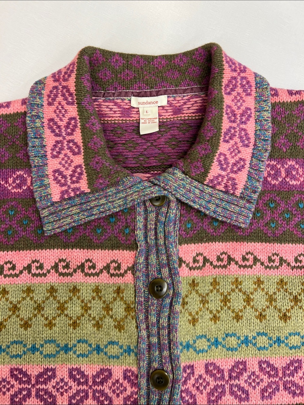 Sundance 100% lambswool long sleeve large collar button up cardigan sweater L - Picture 3 of 9